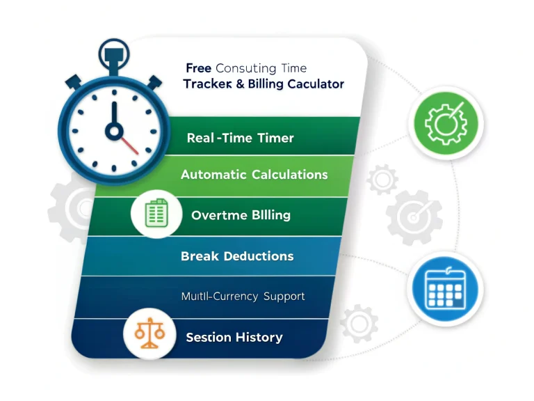 Streamline your consulting business with this comprehensive time tracking and billing calculator tool - featuring automatic calculations, overtime billing, and multi-currency support for professional freelancers.