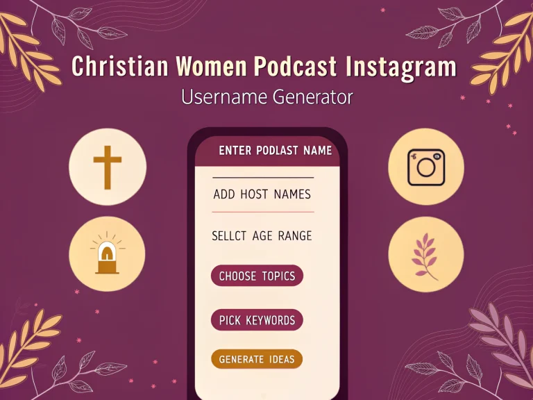 Generate the perfect Instagram username for your Christian women's podcast with this faith-focused tool designed specifically for Christ-centered content creators.