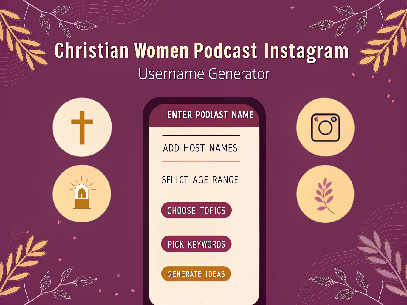 Generate the perfect Instagram username for your Christian women's podcast with this faith-focused tool designed specifically for Christ-centered content creators.