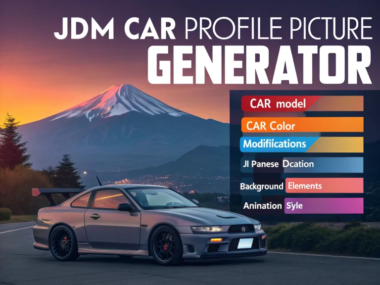 Transform your online presence with our JDM Car Profile Picture Generator - create stunning animated avatars featuring legendary Japanese cars against beautiful sunset backdrops.