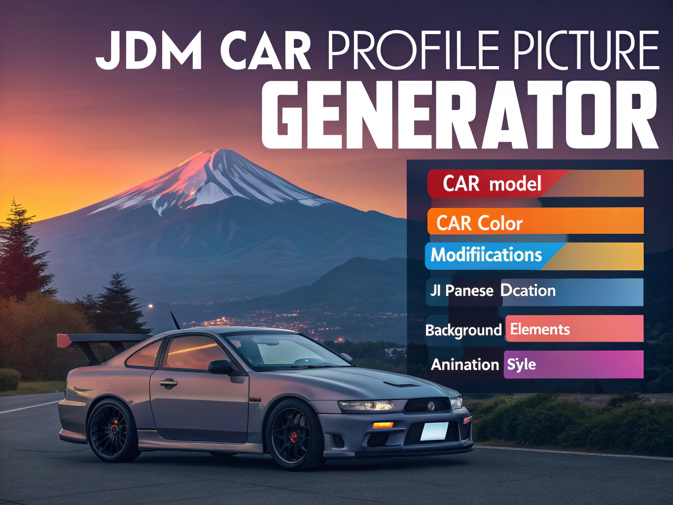 Transform your online presence with our JDM Car Profile Picture Generator - create stunning animated avatars featuring legendary Japanese cars against beautiful sunset backdrops.